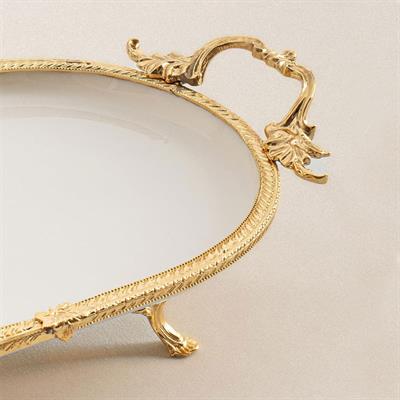 Oval Kulplu Porselen Sunum Tabağı 33 x 21 cm Altın