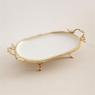 Oval Kulplu Porselen Sunum Tabağı 33 x 21 cm Altın