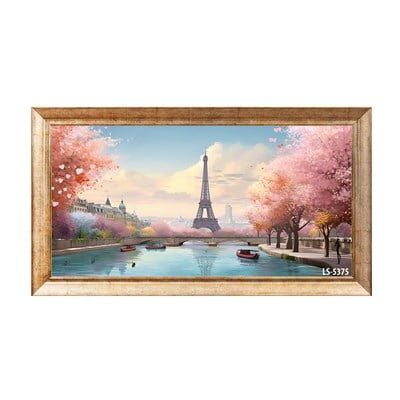 Pembe Çiçekli Paris Eyfel Kulesi ve Sen Nehri Tablosu