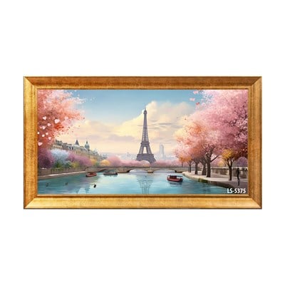 Pembe Çiçekli Paris Eyfel Kulesi ve Sen Nehri Tablosu