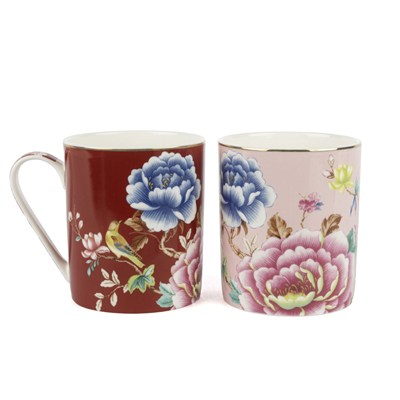 Çamlıca Home Verona pembe bordo şakayık ve kuş desenli 2li porselen kupa seti