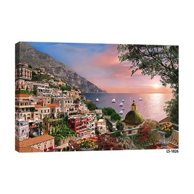 Positano Sahil Kasabası Gün Batımı ve Deniz Manzaralı Tablo
