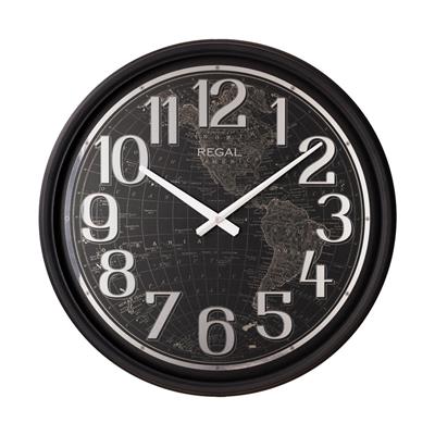 Regal Dünya Haritalı Metal Duvar Saati 51 cm - Gümüş Metalik Rakamlı Siyah Büyük Boy Saat