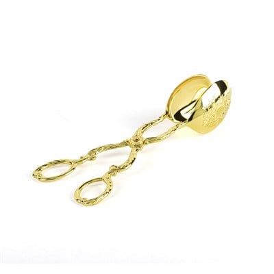 Çamlıca Home Rönesans serisi barok oymalı makas kulplu bitkisel kabartma gravürlü çukur kaşık ve çatallı uç parlak altın sarısı gold metal salata ve meze servis maşası beyaz zemin ürün çekimi 21 cm