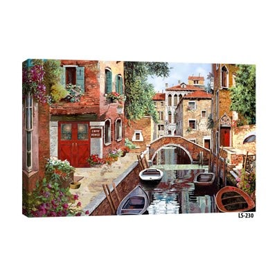 Venedik su kanalı kenarında kırmızı kapılı Caffe Venice taş köprü ve sandallar tablosu ls-230 - Çamlıca Home