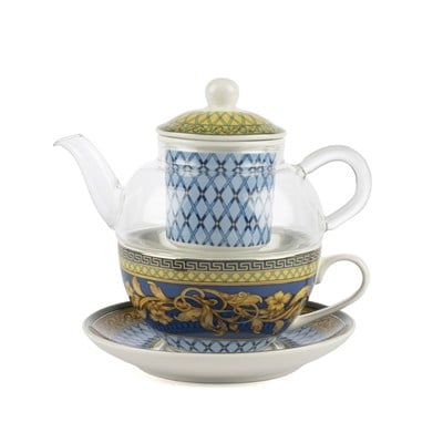 Çamlıca Home Blue Baroque kobalt mavi altın yaldızlı tek kişilik demlikli fincan