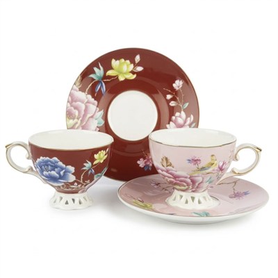 Çamlıca Home Vivida pembe bordo renkli 2 kişilik porselen kahve seti 90 ml