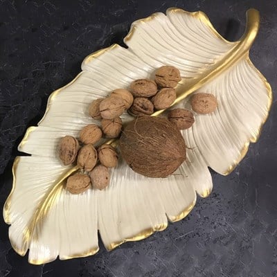 Dekoratif 55 cm Yaprak Tabak Krem Altın