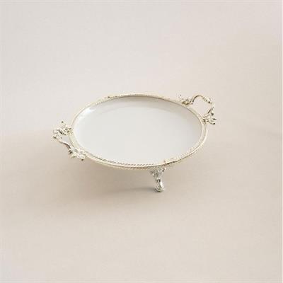 Yuvarlak Kulplu Porselen Sunum Tabağı 25 cm Gümüş
