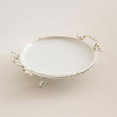 Yuvarlak Kulplu Porselen Sunum Tabağı 29 cm Gümüş