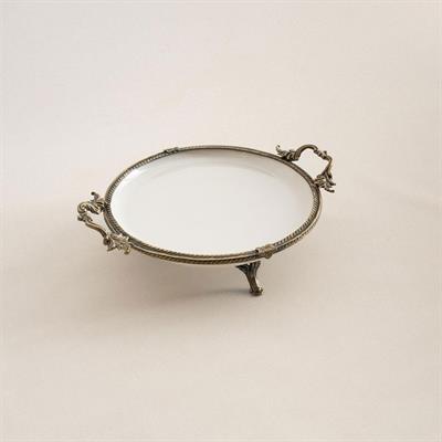 Yuvarlak Kulplu Porselen Sunum Tabağı 25 cm Eskitme
