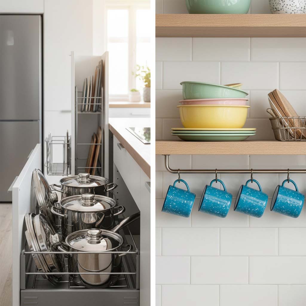 Akıllı mutfak dolaplarında düzenli bir şekilde saklanan tencere ve tavalar ile açık rafta estetik olarak sergilenen renkli emaye kase ve kupalar.