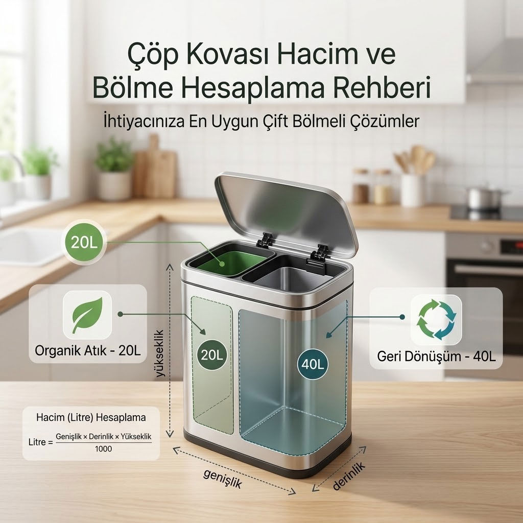 Çift bölmeli mutfak çöp kovası litre hesabı infografiği; 20L organik atık ve 40L geri dönüşüm.