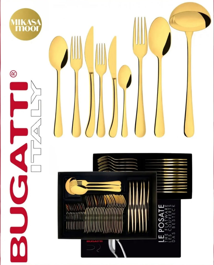 Bugatti Italy Mikasa Moor altın kaplama çatal kaşık bıçak takımı ve özel kutulu 18/10 paslanmaz çelik servis seti