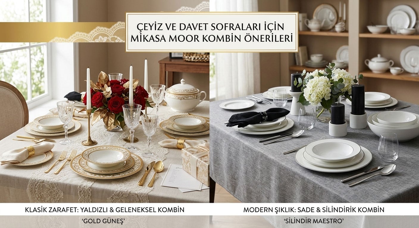 Çeyiz ve davet sofraları için Mikasa Moor yemek takımı kombin önerileri; altın yaldızlı klasik 'Gold Güneş' seti ile sade ve modern silindirik 'Silindir Maestro' porselen takımı karşılaştırması.