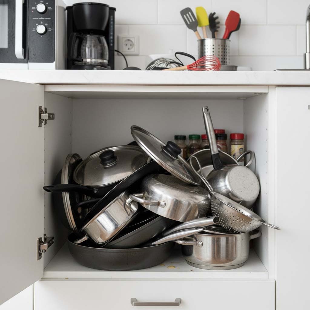 Açık mutfak dolabının içinde dağınık bir şekilde istiflenmiş tencere, tava, kapak ve diğer pişirme gereçleri.