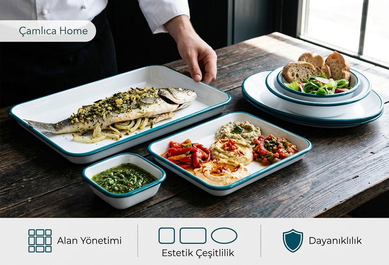 Dikdörtgen emaye tabakta balık ve meze sunumu, modern sunum formları - Çamlıca Home