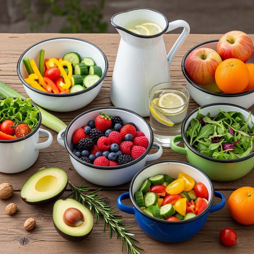Emaye kaplarda hazırlanan sağlıklı yiyecekler: Meyve, sebze, salata dolu emaye kaseler ve sürahi. Emaye kapların gıdalarla güvenli teması.