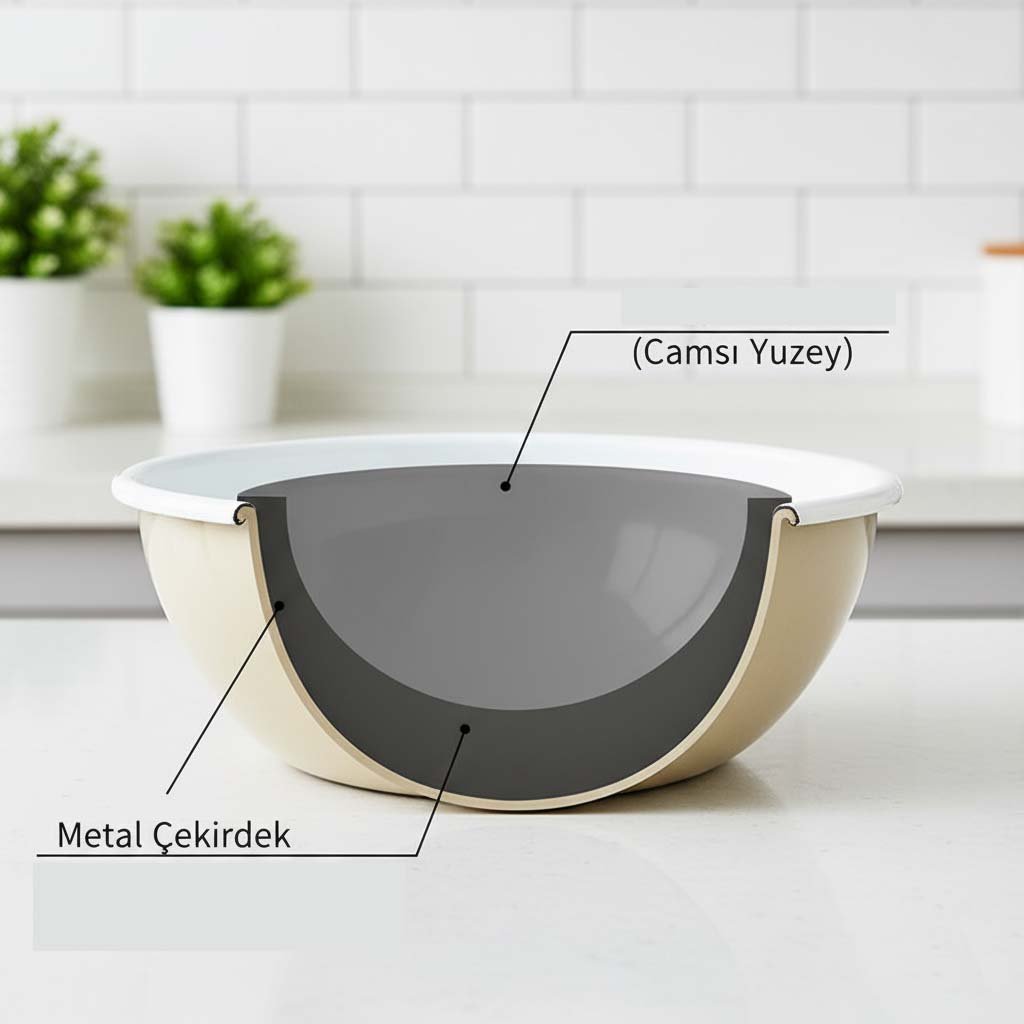 emaye kase yapısı kesiti metal çekirdek ve camsı yüzey diyagramı