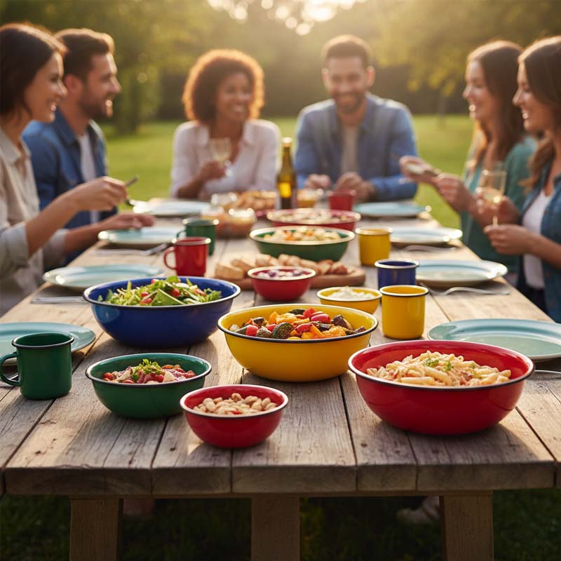 Dış mekanda piknik masasında taze meyveler ve yiyeceklerle dolu renkli emaye kaseler.