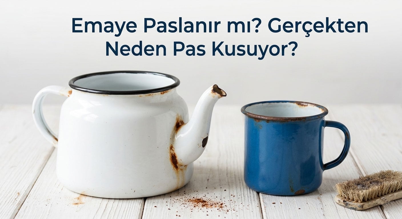 Paslı beyaz emaye çaydanlık ve mavi kupa