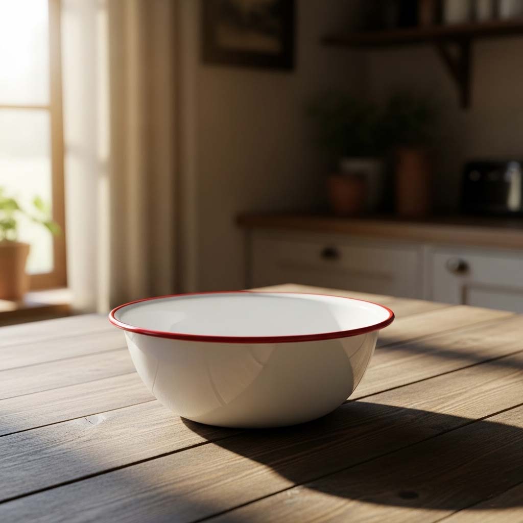 Güneş ışığında duran, klasik tasarımlı, kusursuz beyaz ve kırmızı kenarlı emaye kase, emayenin zamana meydan okuyan kalitesini ve dayanıklılığını vurguluyor.