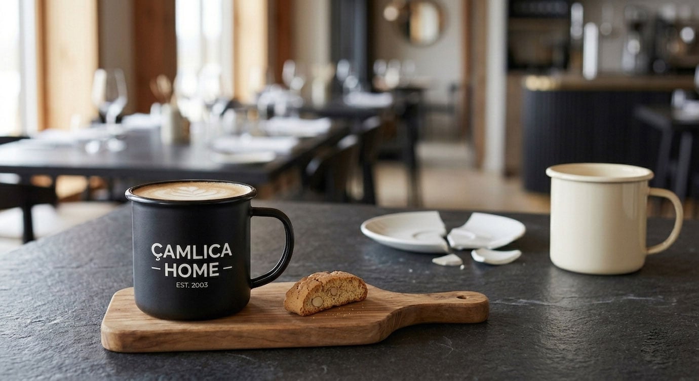 Butik otel restoranında üzerinde Çamlıca Home logosu bulunan siyah emaye kupa ile porselen kırılmalarına karşı maliyet avantajını vurgulayan profesyonel masa sunumu.