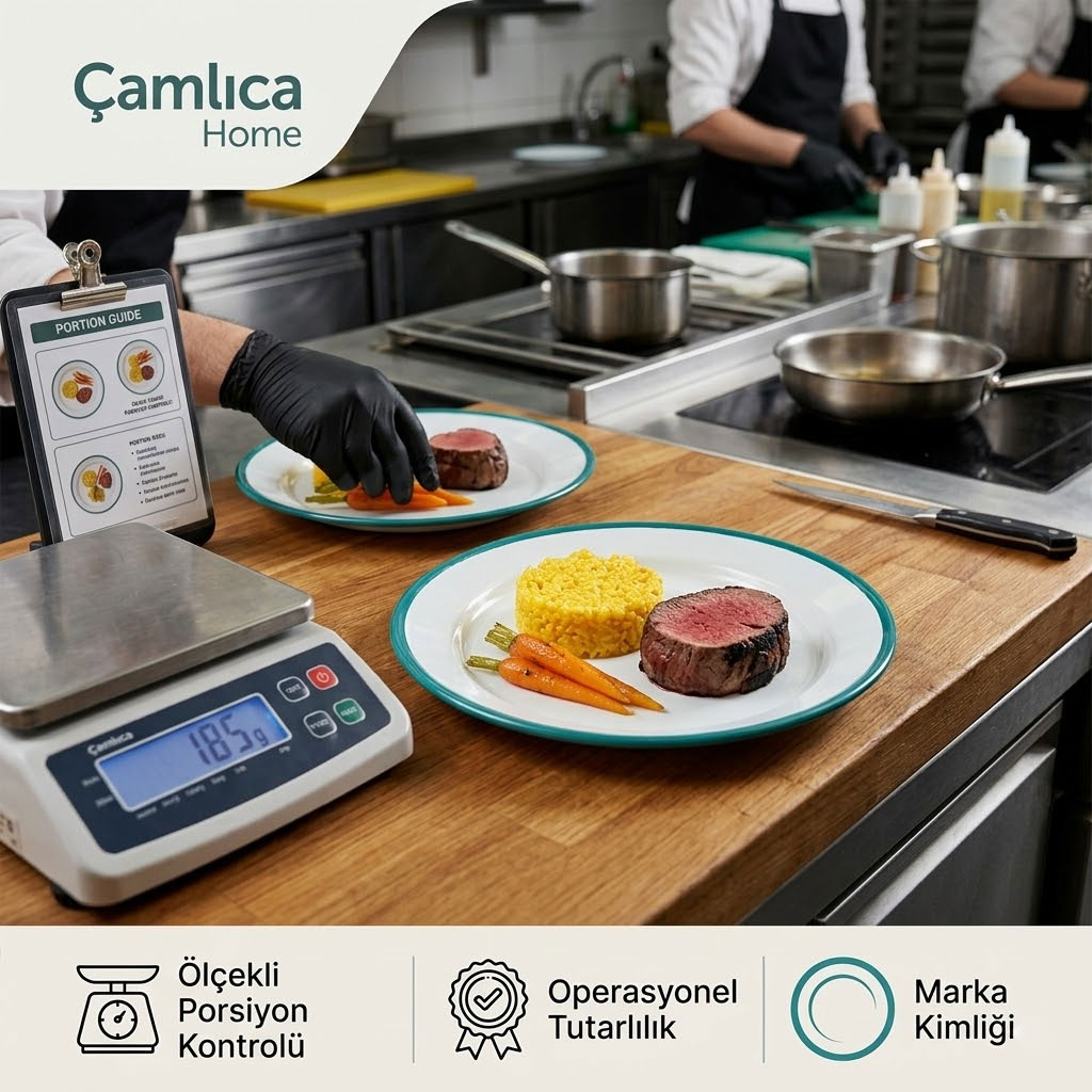 Restoran mutfağında emaye tabak ile porsiyon kontrolü ve profesyonel sunum - Çamlıca Home