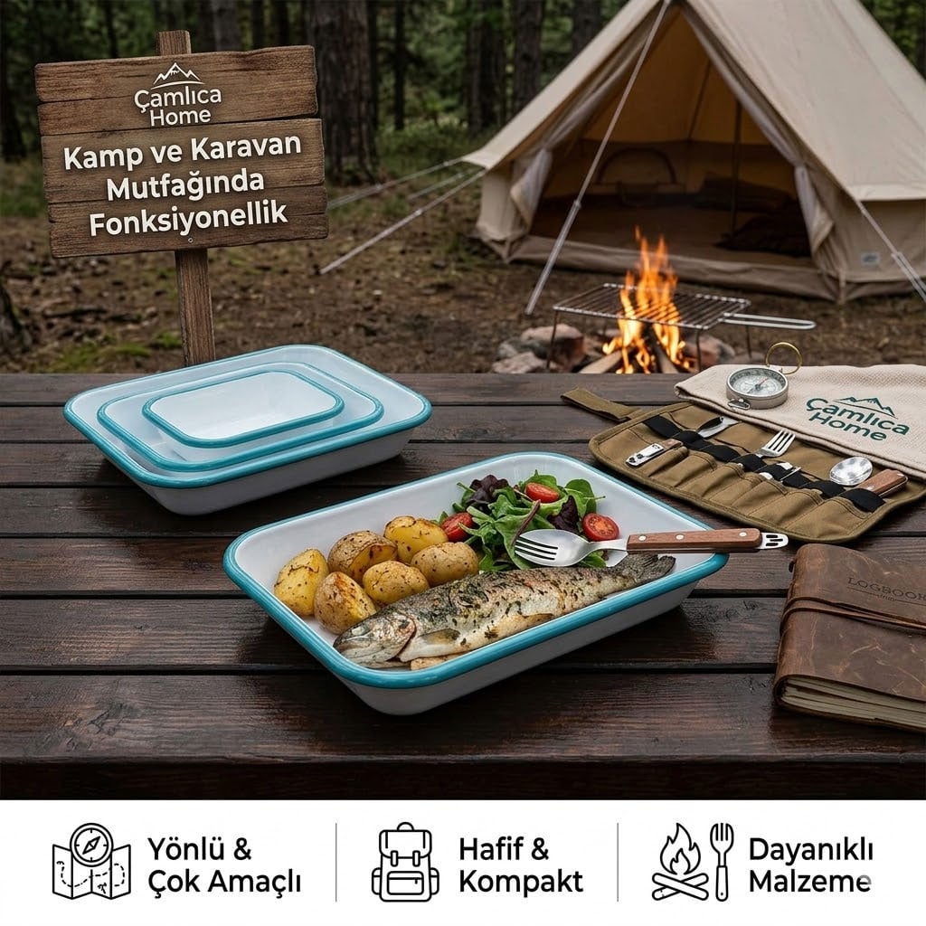 Kamp ateşi başında dikdörtgen emaye tabakta sıcak yemek sunumu ve karavan mutfağı gereçleri - Çamlıca Home
