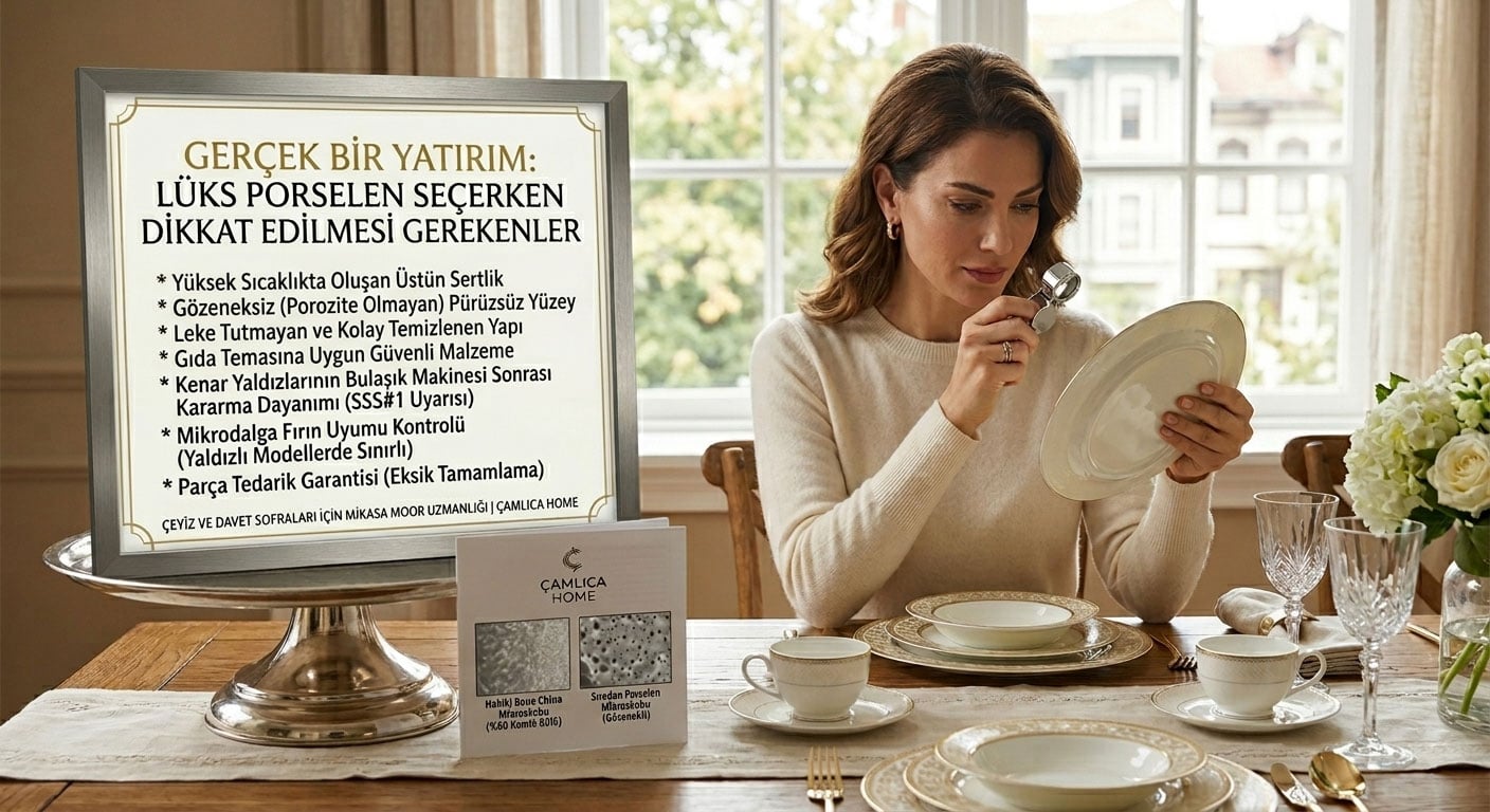Lüks porselen seçerken dikkat edilmesi gerekenleri listeleyen bilgilendirici pano ve büyüteçle porselen tabak inceleyen uzman görseli ile Bone China gözeneksiz yüzey karşılaştırması.