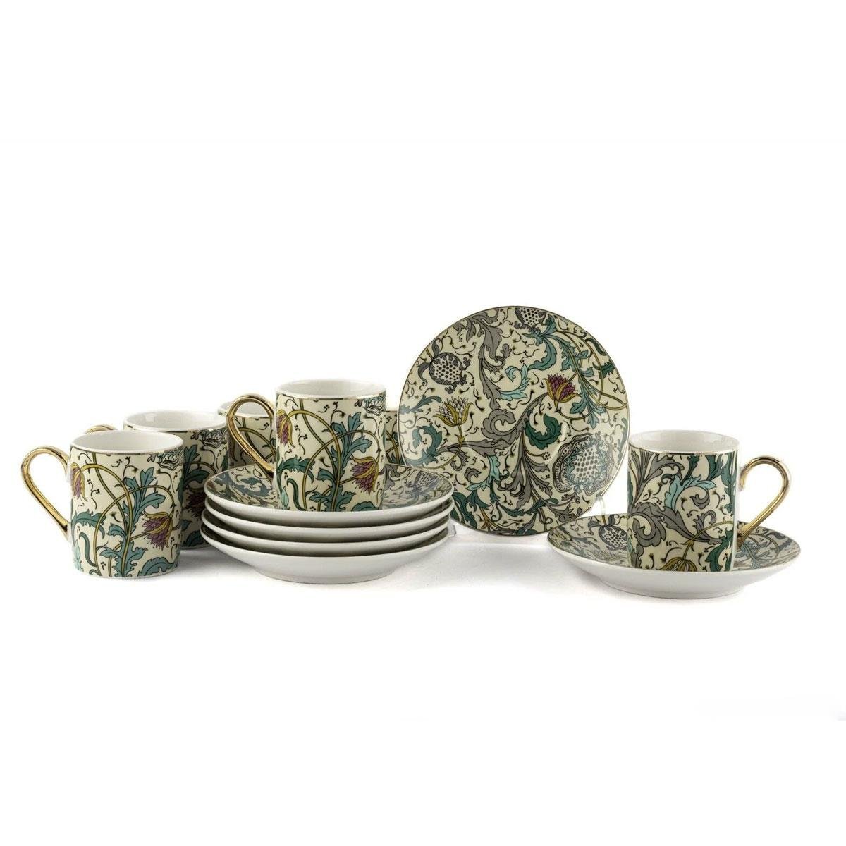 Mikasa Moor markasına ait, gold (altın) detaylı kulplara ve floral (çiçekli) desenlere sahip porselen Türk kahvesi fincan takımı. Altı adet fincan, altı adet tabak ve servis tabağı seti.