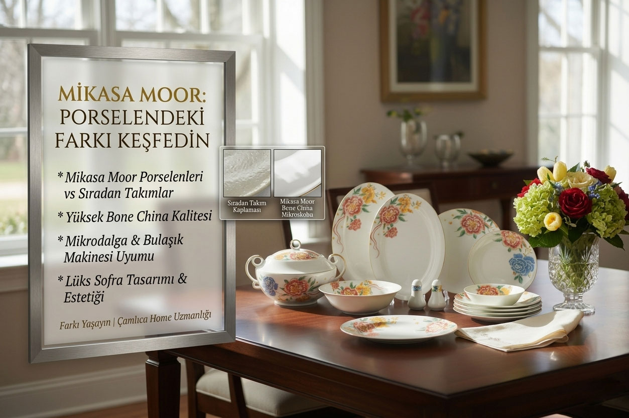 Mikasa Moor porselen yemek takımı ile sıradan porselen takımların yüzey kalitesi ve Bone China mikroskop karşılaştırmasını gösteren Çamlıca Home bilgilendirici görseli.