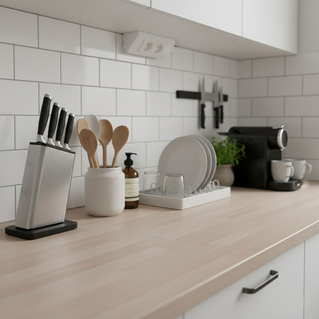 Modern ve minimalist mutfak tezgahı üzerinde düzenli bıçak seti, ahşap mutfak gereçleri, bulaşıklık ve kahve makinesi ile maksimum işlevsellik.