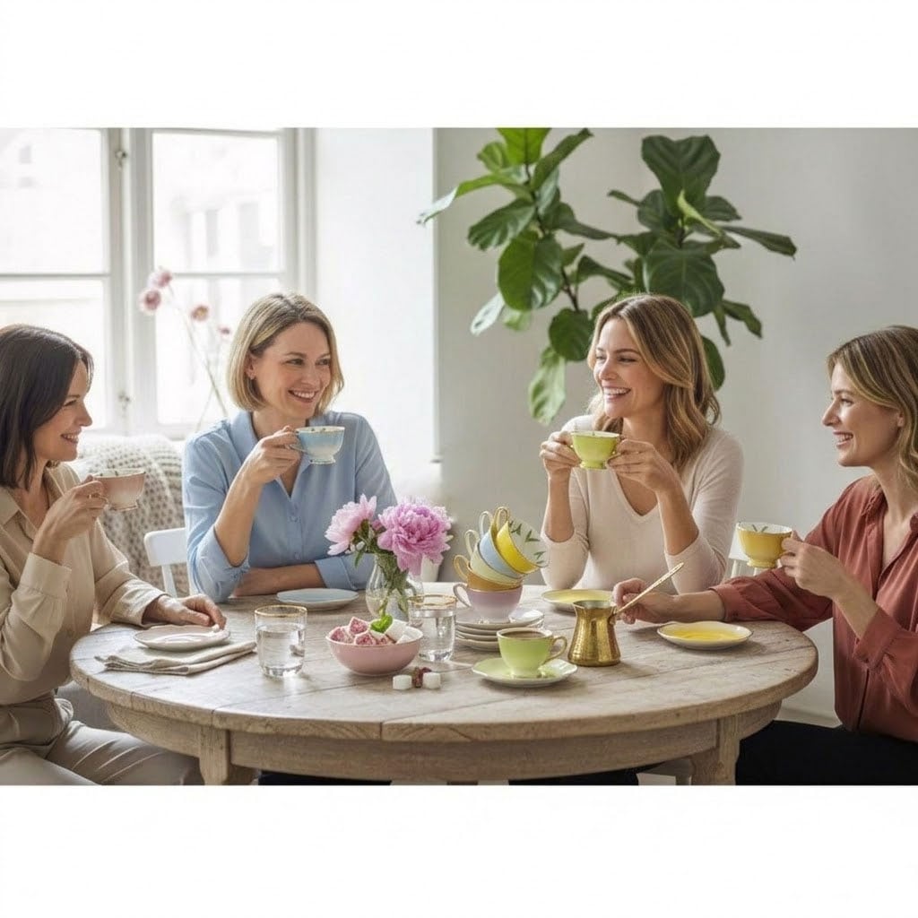 Çamlıca Home renkli pastel tonlarda porselen Türk kahvesi fincanı takımı ile ahşap masada sohbet eden kadınların kahve sunumu ritüeli
