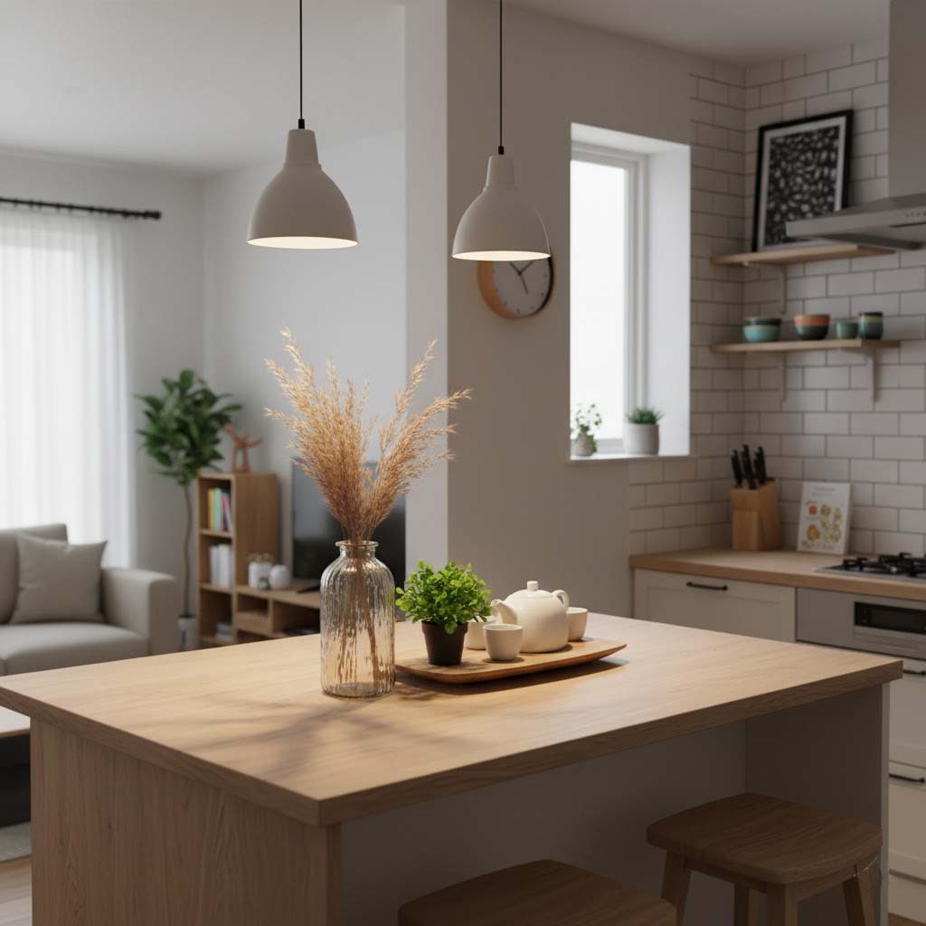 Modern bir açık plan mutfak ve yaşam alanı entegrasyonu. Mutfak adasında dekoratif vazo, çay seti ve bitkilerle yaşam alanı vurgulanıyor.