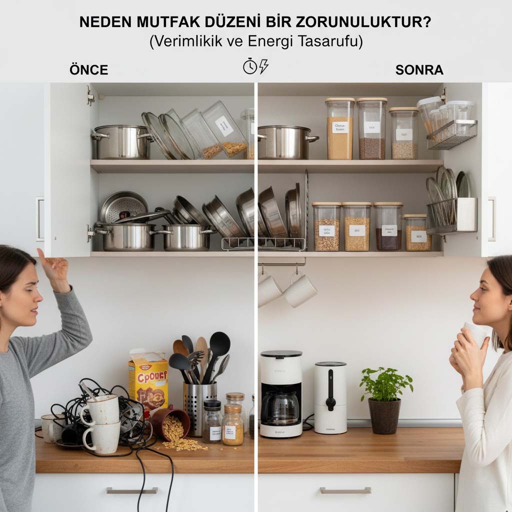 Dağınık mutfak dolabının ve tezgahın düzenli hale getirilmiş, verimlilik sağlayan Önce ve Sonra karşılaştırması.