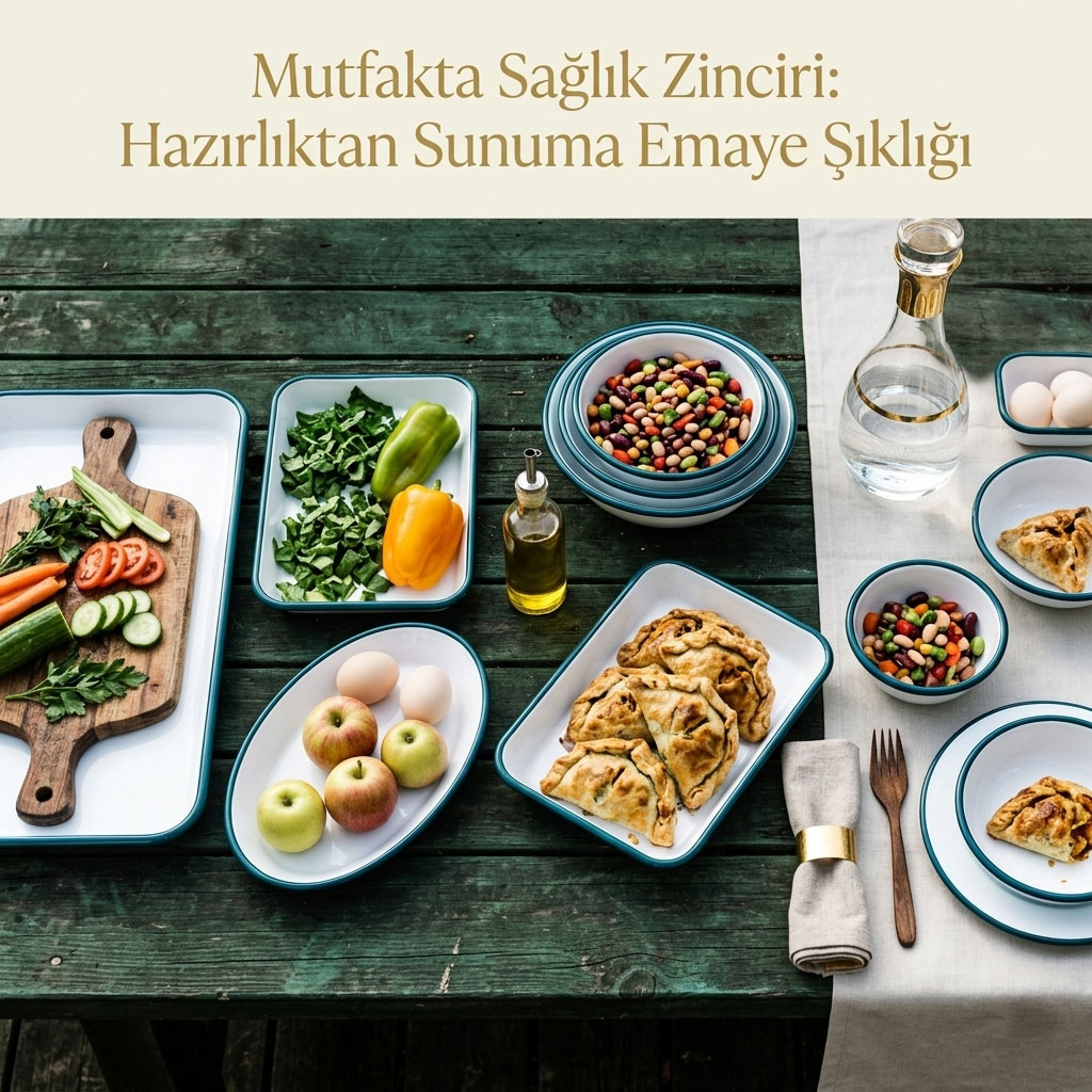 Ahşap dış mekan masası üzerinde emaye hazırlık kapları, fırın tepsileri ve servis tabakları ile oluşturulmuş sağlıklı mutfak zinciri; taze sebzeler, meyveler ve hamur işleri eşliğinde emaye şıklığını yansıtan bütünsel sofra sunumu.
