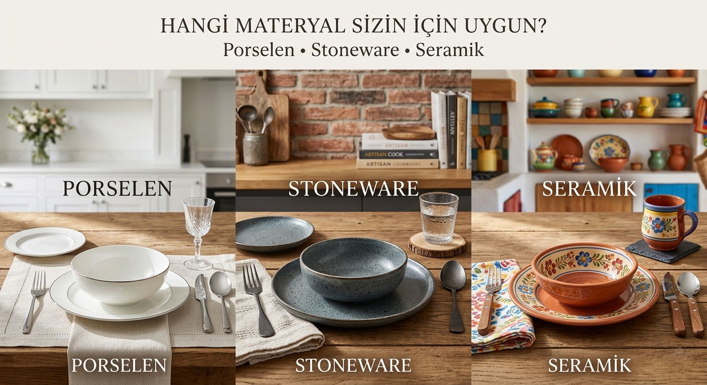 Porselen, stoneware ve seramik materyal farklarını gösteren, mutfak dekorasyon stillerine göre ayrılmış karşılaştırmalı servis ve sofra düzeni görseli.