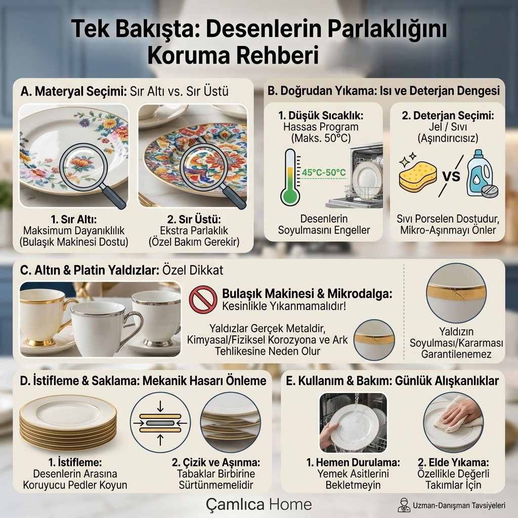 Tek Bakışta: Desenlerin Parlaklığını Koruma Rehberi" başlıklı infografik; porselenlerde sır altı ve sır üstü farkı, ideal bulaşık makinesi yıkama sıcaklığı (45-50°C), jel deterjan kullanımı ve altın yaldızlı ürünlerin bakımı hakkında görsel uzman tavsiyeleri.