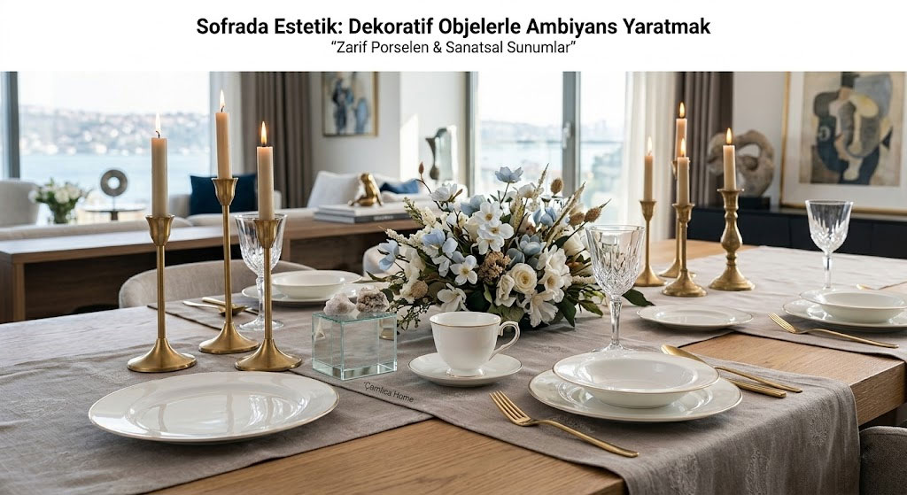 Porselen tabaklar, altın rengi şamdanlar ve yapay çiçeklerle dekore edilmiş, estetik ve sıcak bir atmosfer sunan profesyonel sofra düzeni görseli.