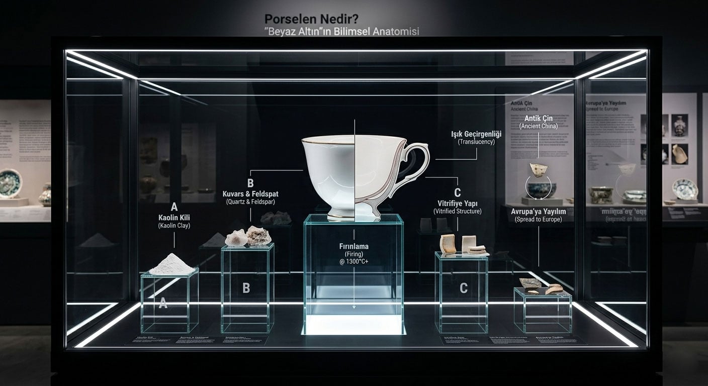 Porselenin anatomisini gösteren teknik infografik; kaolin kili, kuvars, feldspat bileşenleri, 1300 derece fırınlama süreci ve vitrifiye yapı ile ışık geçirgenliği özelliklerinin müze sunumu tarzında gösterimi.