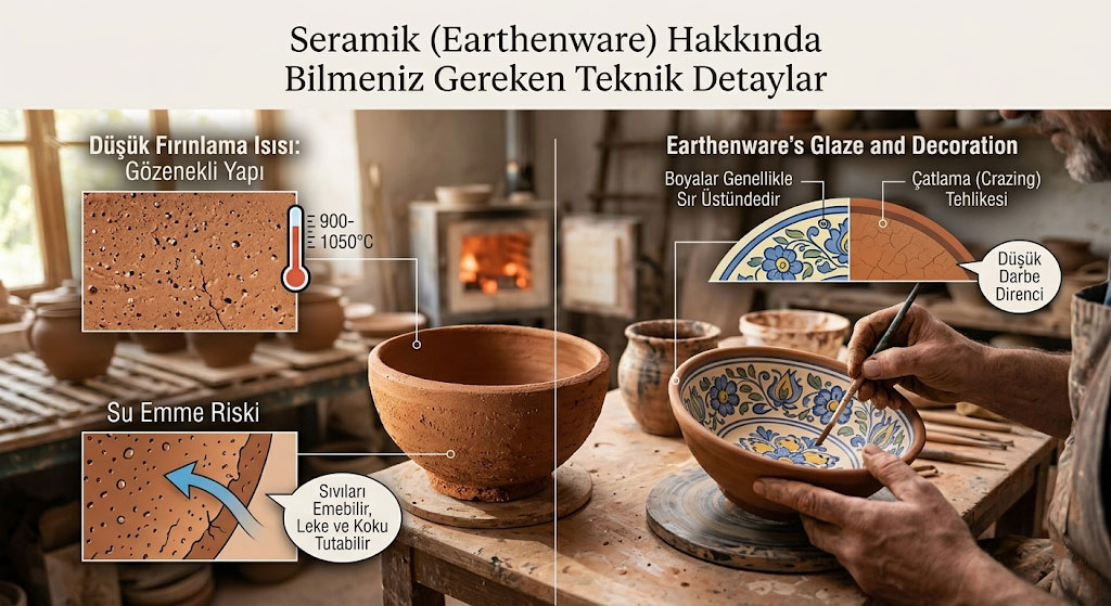 Seramik tabak ve kapların yapısını açıklayan teknik şema; gözenekli kil dokusu, sızıntı riski ve seramik sır üstü boyama tekniklerini gösteren eğitici mutfak rehberi görseli.