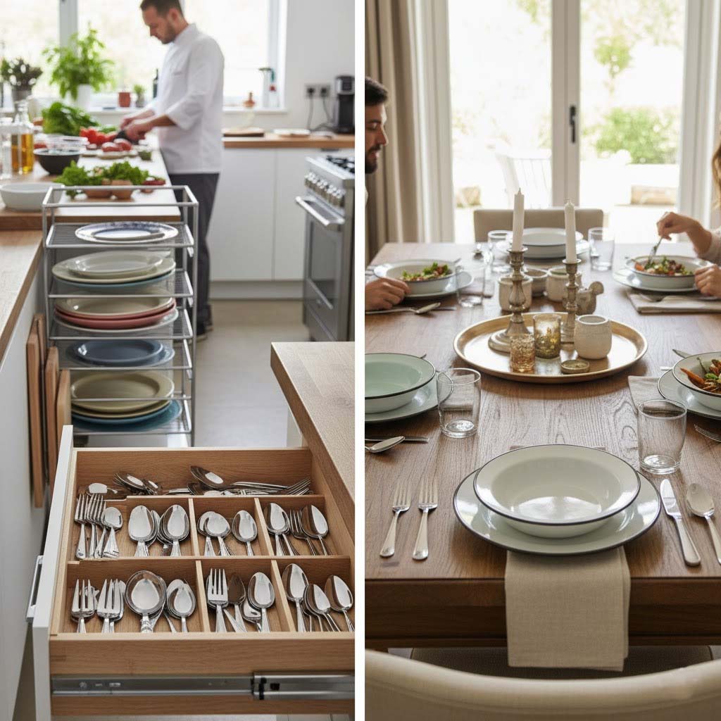 Mutfakta düzenli tabak ve çatal-bıçak çekmecesi ile hazırlık yapan bir şef ve şık bir şekilde kurulmuş, yemek yiyen misafirleri gösteren bir sofra düzeni.