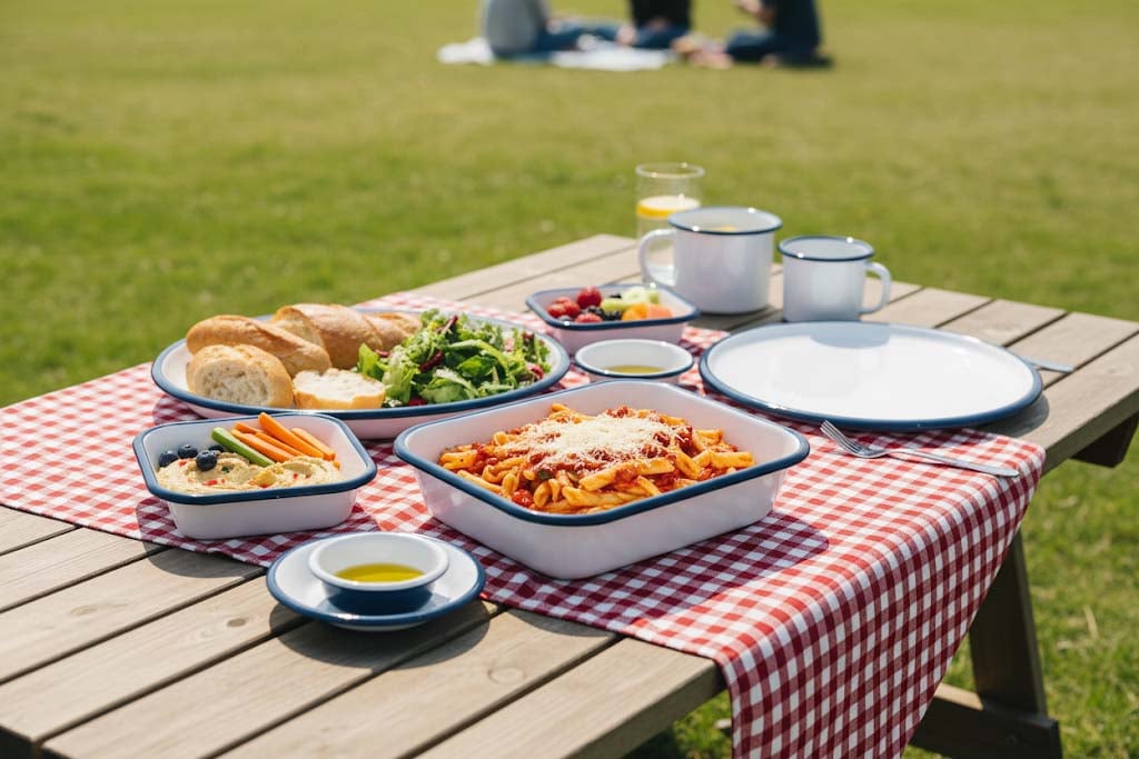 Yaratıcı piknik sunumları için emaye kaplar. Dış mekan yemekleri ve emaye kase kullanımı.
