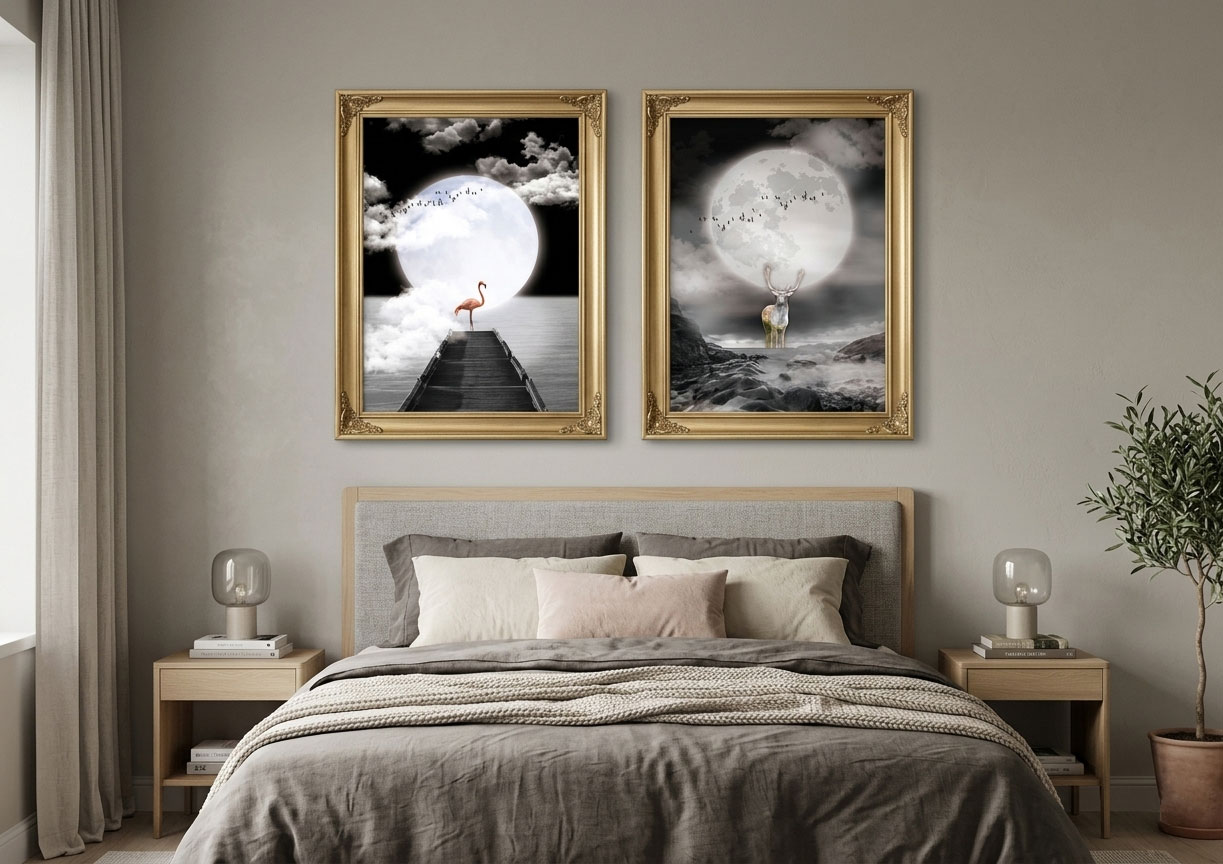 Çamlıca Home modern yatak odası dekorasyonunda yatak başlığı üzerindeki gri duvara asılmış, dolunayda geyik ve flamingo temalı altın varak çerçeveli ikili kombin tablo seti