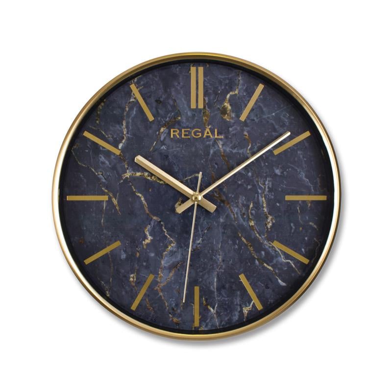 Altın rengi ince çerçeveli, oniks mermer desenli Regal duvar saati.