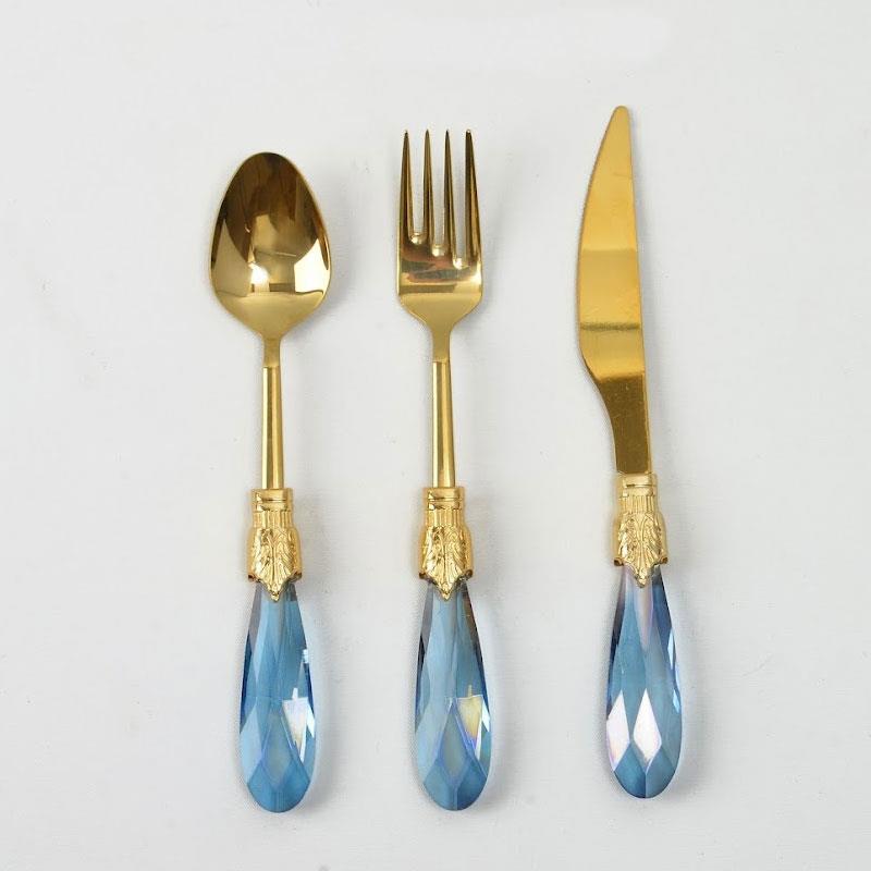 Emayra 18 Parça 6 Kişilik Mavi Titanyum Kristal Saplı Tatlı Çatal Kaşık Bıçak Seti
