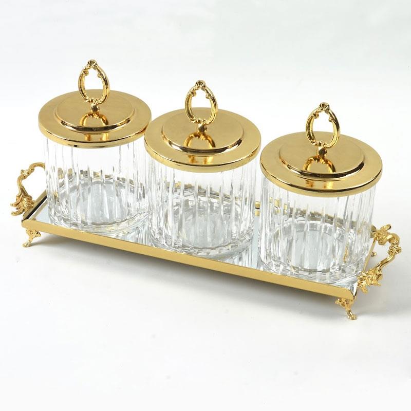 3'lü Tepsili Kavanoz Seti Altın - Çamlıca Home