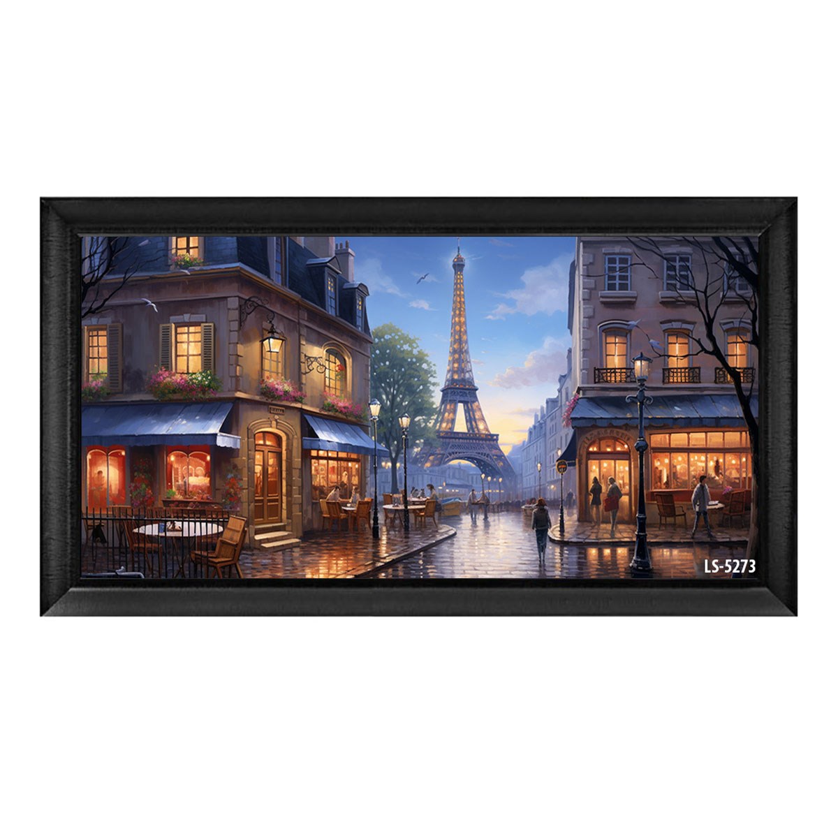 Siyah çerçeveli akşam ışıklarında Paris sokak kafe ve Eyfel Kulesi tablosu ls-5273 - Çamlıca Home