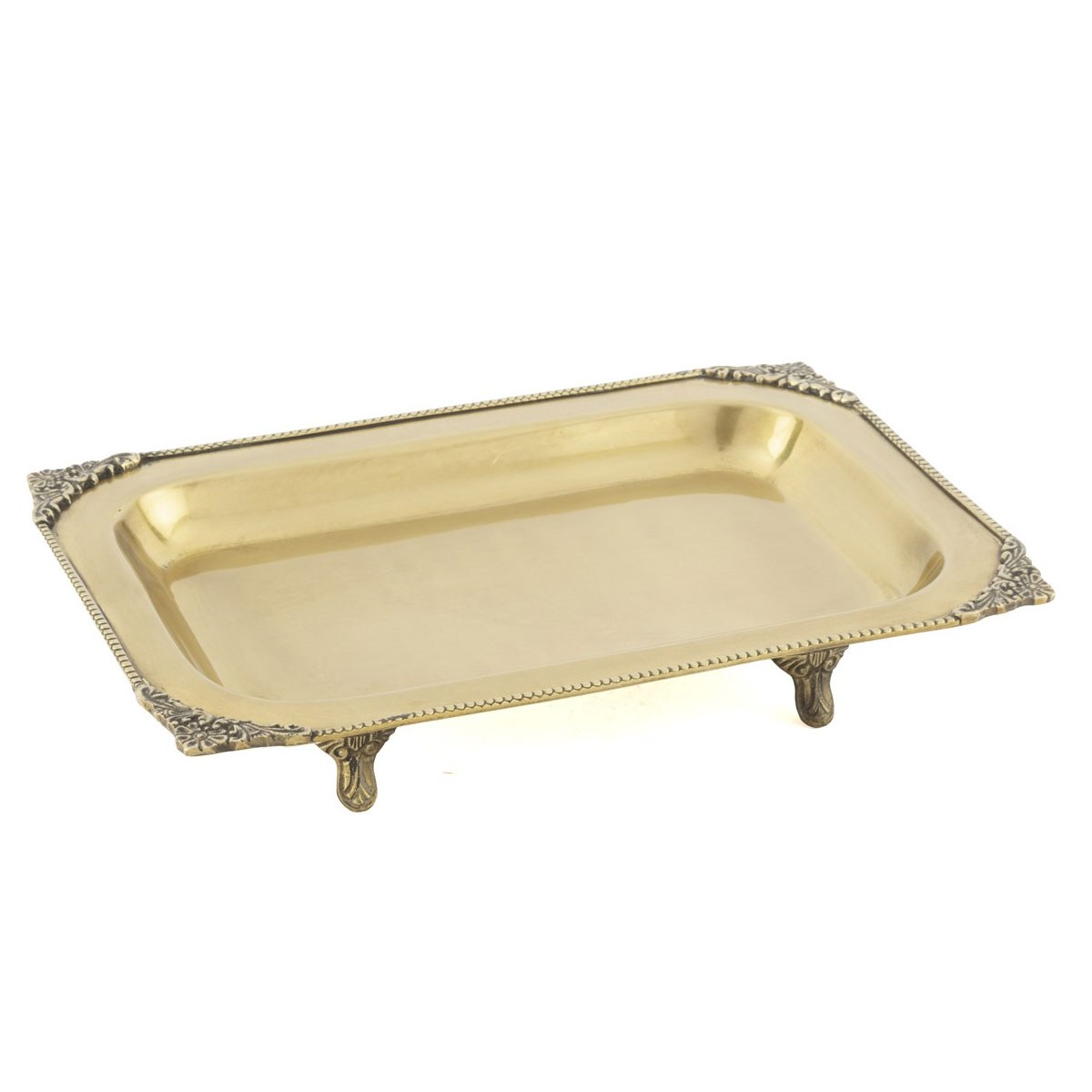 Çamlıca Home eskitme antik bakır pirinç tonlu boncuk kenar işlemeli barok oymalı aslan ayaklı döküm dikdörtgen metal dekoratif sunum ve servis tepsisi beyaz zemin ürün çekimi 21x30x6 cm